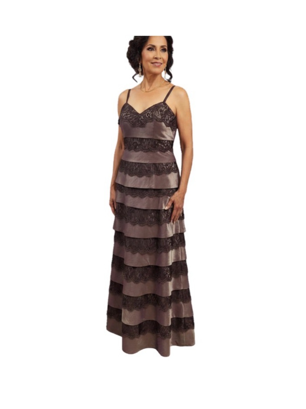 Elegant Chocolate Brown Lace Tiered Evening Dress